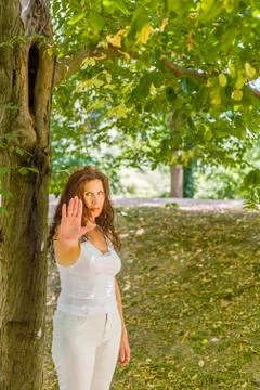 Stop and talk to my hand gesture by over 40 woman Fotos Stock