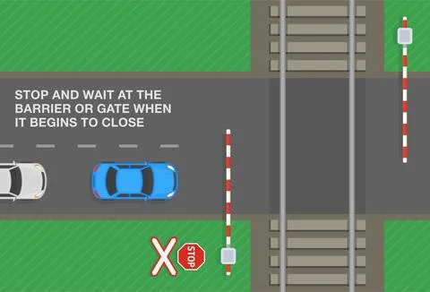 Stop and wait at the level crossing barrier or gate when it begins to close. 스톡 일러스트