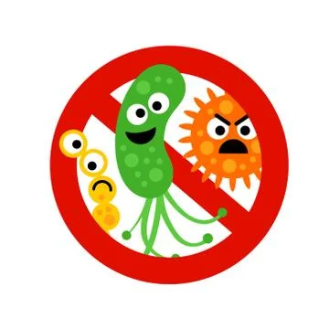 Stop bacterium sign with cute 3 cartoon gems Stock Illustration