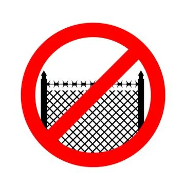 Stop border. Prohibited fence. Red prohibition sign. Cross out perimeter fenc Stock Illustration