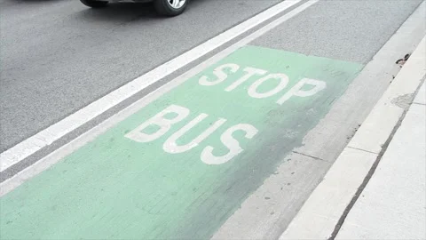Stop bus writing caption text in white with green background on road street Stock Footage 250282139