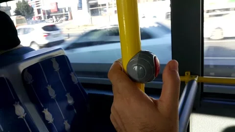 Stop button inside the public transport vehicle 스톡 동영상 144600882