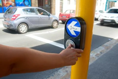 Stop button on the pedestrian crossing Stock Photos