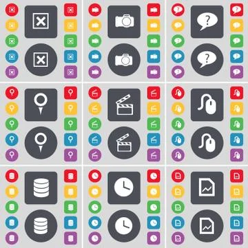 Stop, Camera, Chat bubble, Checkpoint, Clapper, Mouse, Database, Clock, Graph fi Illustrazione stock