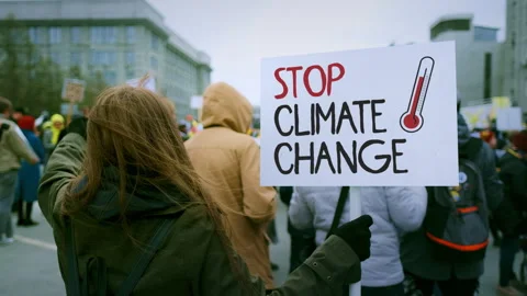 Stop climate change ecology protest. Activist person hold eco banner Hot weather Stock Footage 278666004