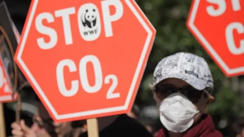 Stop CO2 Poster on a Demonstration due to Climate Change Video stock 98271875