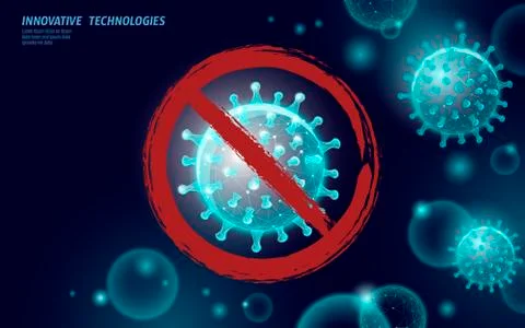 Stop coronavirus 3D low poly render. Laboratory analysis infection virus Illustrazione stock