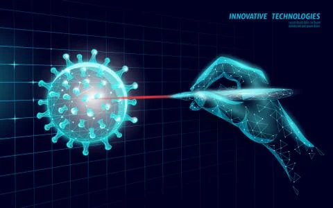 Stop coronavirus 3D low poly render. Laboratory analysis infection virus Illustrazione stock