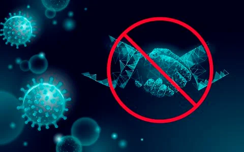 Stop coronavirus handshake 3D low poly render. Prevention infection virus Stock Illustration