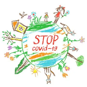 Stop coronavirus, stop covid-19 child`s hand drawn doodle colorful vector art Stock Illustration