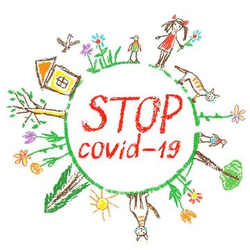 Stop coronavirus, stop covid-19 like child`s hand drawn doodle Stock Illustration