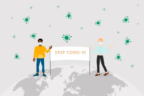 Stop the coronavirus together, characters on the globe with the stop covid 19 Stockillustratie