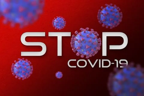 Stop COVID-19 Lambda virus cells sign in red background Stock Illustration