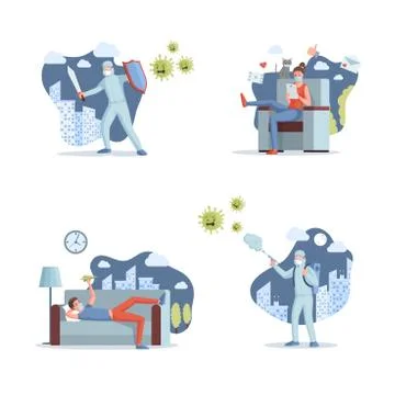Stop COVID-19 vector flat illustration. Medical workers fighting coronavirus Stock Illustration