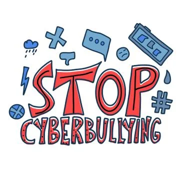 Stop cyberbullying emblem with design elements. Vector hand drawn text. Stock Illustration