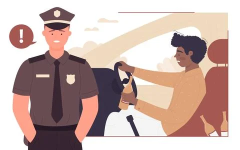 Stop drinking alcohol drink, young drunk driver driving, policeman warning of Stock Illustration