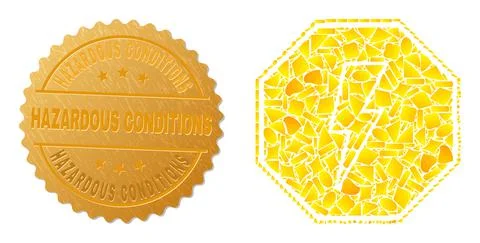 Stop Electricity Octagon Icon Collage of Golden Fractions and Metal Hazardous Stock Illustration