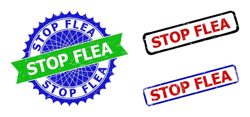 STOP FLEA Rosette and Rectangle Bicolor Watermarks with Corroded Textures Illustrazione stock