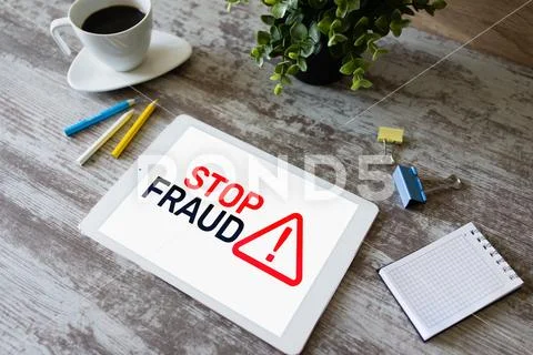 Stop Fraud banner on screen. Cybercrime and internet security concept. Stock Photos