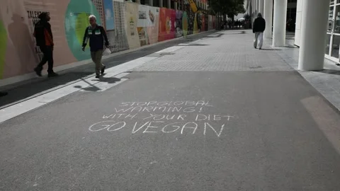 Stop global warming go vegan chalk protest text on sidewalk Stock Footage 254770968