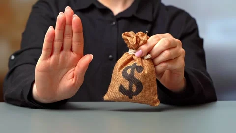 Stop hand gesture and dollar money bag. No approve of the transaction or loan. Stock Footage 342258814