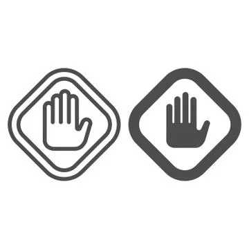 Stop hand gesture in frame line and solid icon. Caution and hazard, warning palm イラスト素材