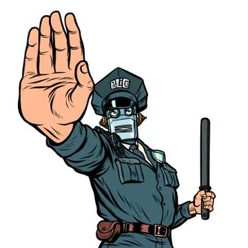 Stop hand gesture. Robot policeman. Isolate on white background Illustrazione stock