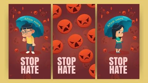Stop Hate posters with sad asian kids Stock Illustration