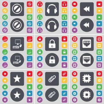 Stop, Headphones, Rewind, PC, Lock, LAN socket, Star, Clip, Processor icon symbo Stock Illustration