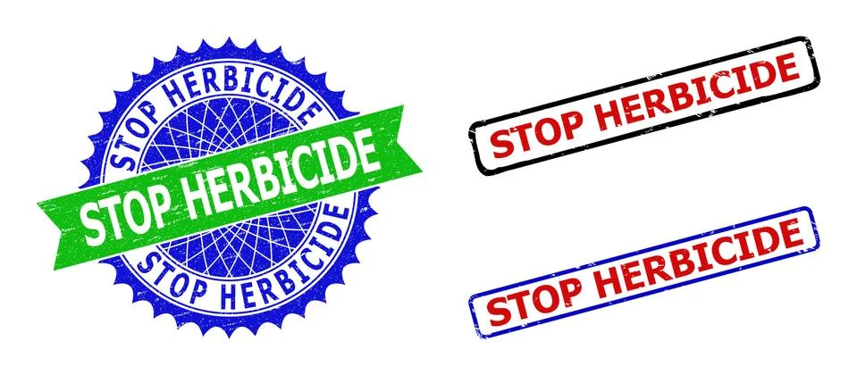 STOP HERBICIDE Rosette and Rectangle Bicolor Stamp Seals with Rubber Styles Stock Illustration