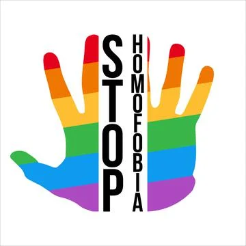 Stop Homophobia black text effect with LGBT flag inside hand vector illustrat Stock Illustration