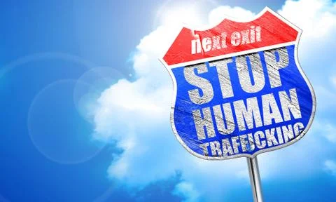 Stop human trafficking, 3D rendering, blue street sign Stock Illustration