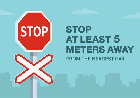 "Stop at least five meters away from the nearest rail" warning traffic sign. イラスト素材