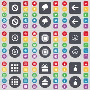 Stop, Lightning, Arrow left, Compass, Processor, Cloud, Apps, Gift, Flag tower i Stock Illustration