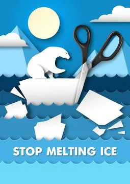 Stop melting ice poster design template. Vector illustration in paper art style Stock Illustration