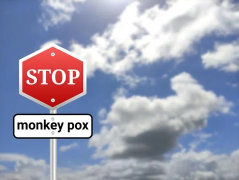 Stop monkey pox sigh board on blur sky background. Stock Illustration
