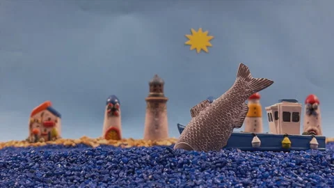 Stop Motion Animation of a Coastal Harbor with Lighthouses and Blue Boat Video stock 326205710