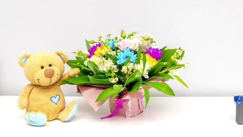 Stop motion animation colorful flowers bouquet.Beautiful spring floral.Womens gi Stock Footage 302907974