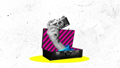 Stop motion, animation. Colorful image of retro photo camera in human hand Stock Footage 225880801