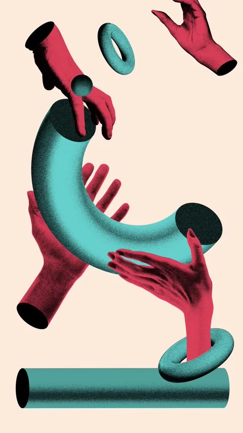 Stop motion, animation. Hands connecting rings and cylinders, constructing Stock Footage 305642476
