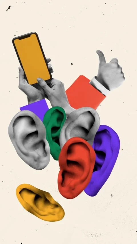 Stop motion. Animation. Hands holding smartphone with colorful ears surrounding Video stock 309632258