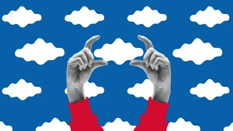 Stop motion, animation. Human hands holding small clouds over drawn sky Stock Footage 226918829
