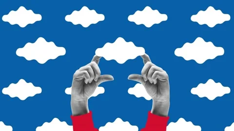 Stop motion, animation. Human hands holding small clouds over drawn sky Stock Footage 226918917