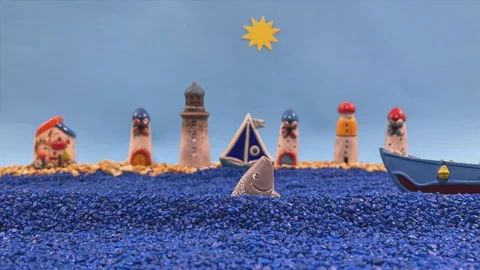 Stop Motion Animation of a Large Fish Jumping Behind a Boat in a Coastal Vil Video stock 326205637