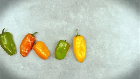 Stop motion animation with  multicolor pepper on a grey background Stock Footage 137058167