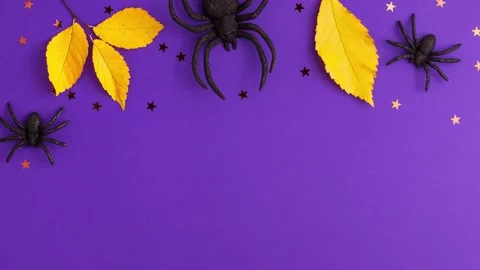 Stop motion animation of one big and two tiny black artificial spiders stars Video stock 163740168