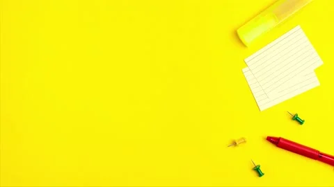 Stop motion animation of pen, notepad, marker, push pins, paper clip pencils Stock Footage 148298985