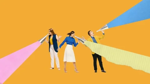 Stop motion, animation. People shout into bullhorns with textured paper flowing Stock Footage 303130462