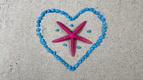 Stop Motion Animation of a Pink Starfish Framed by a Heart of Blue Stones Video stock 326205959