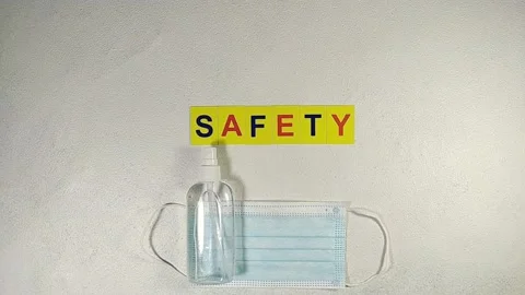 Stop motion animation, protective mask and sanitizer safety quarantine Stock Footage 144317064